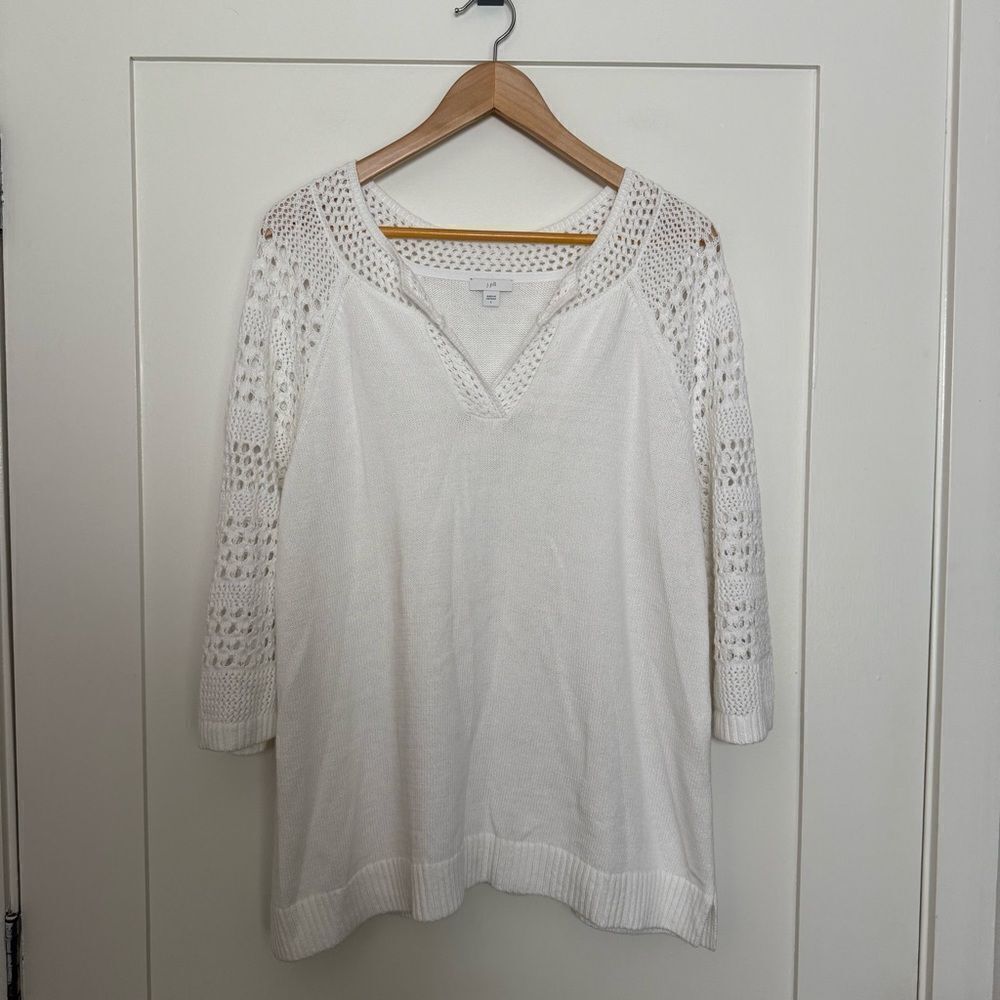 J Jill Top Womens Sz L White Crochet Knit Lace 3/4 Sleeve V Neck Beach Coastal